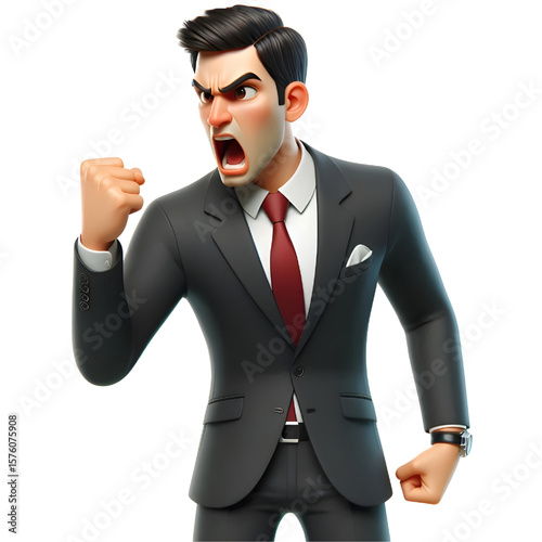 Angry cartoon businessman shouting, transparent background