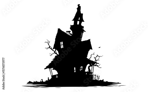 Haunted House – Halloween Black and White Vector Illustration
