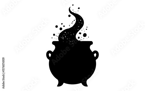 Halloween Witch Brewing Potion – Black and White Vector