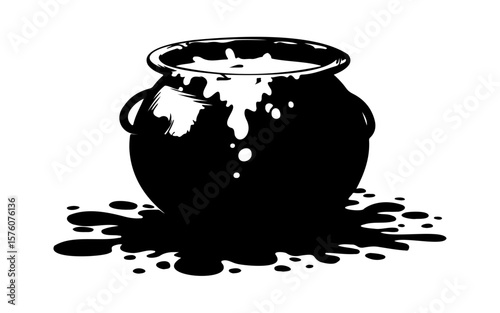 Halloween Witch Brewing Potion – Black and White Vector