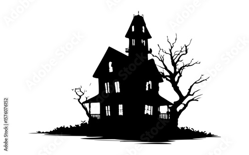 Haunted House – Halloween Black and White Vector Illustration