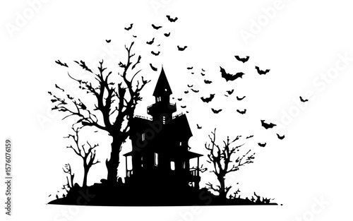 Haunted House – Halloween Black and White Vector Illustration