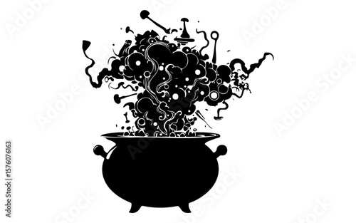 Halloween Witch Brewing Potion – Black and White Vector