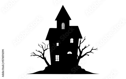 Haunted House – Halloween Black and White Vector Illustration