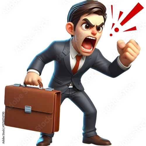 Angry cartoon businessman shouting, transparent background