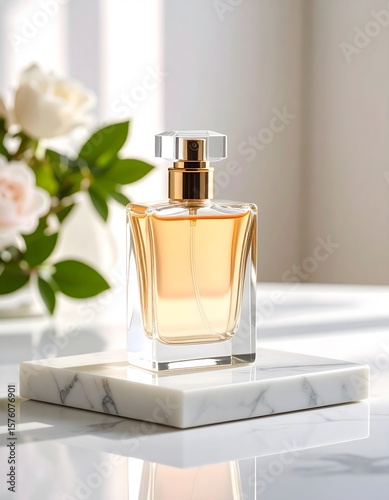 Perfume advertisement, bottle and minimalism: High fashion perfume bottle on marble slab, clean backdrop with minimalist props.