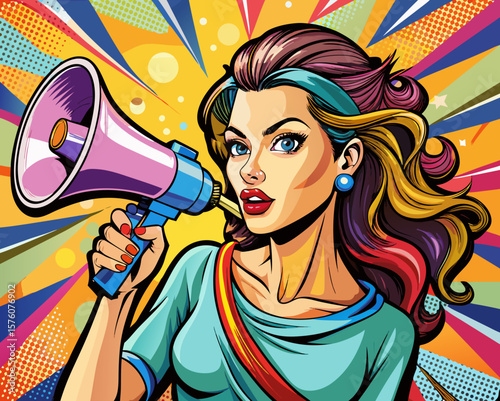 Pop art beautiful woman with megaphone banner.	
