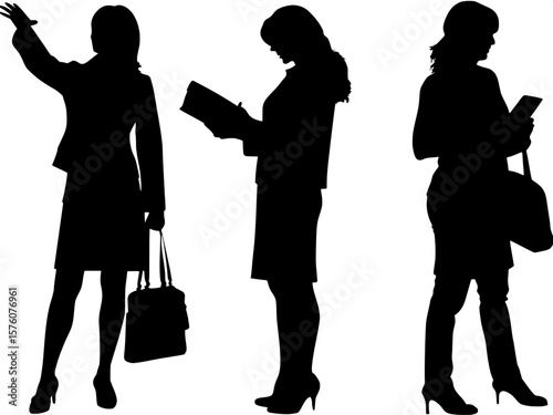 "Black and white silhouettes of women in corporate outfits — shown in different casual urban moments such as hailing a cab, reading a book while standing, or checking a smartwatch. The scene emphasize