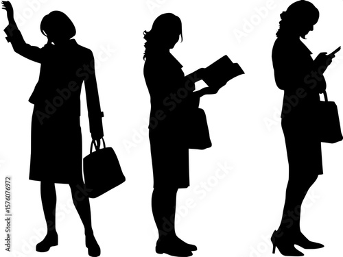 "Black and white silhouettes of women in corporate outfits — shown in different casual urban moments such as hailing a cab, reading a book while standing, or checking a smartwatch. The scene emphasize