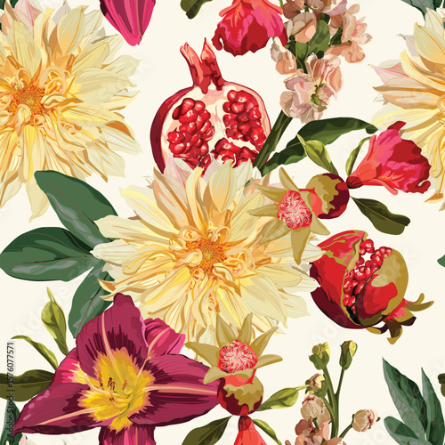 Seamless Pattern. Garden beige red flowers. Pomegranate fruit with magical lily, dahlia flowers. Realistic vector image. Print for all types of surfaces. Trendy print.