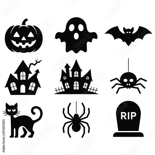 Halloween icons pumpkin ghost bat haunted houses spiders cat tombstone