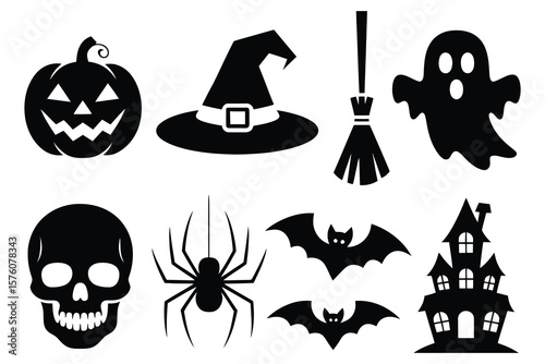 Halloween icons pumpkin ghost witch hat spider bats haunted house