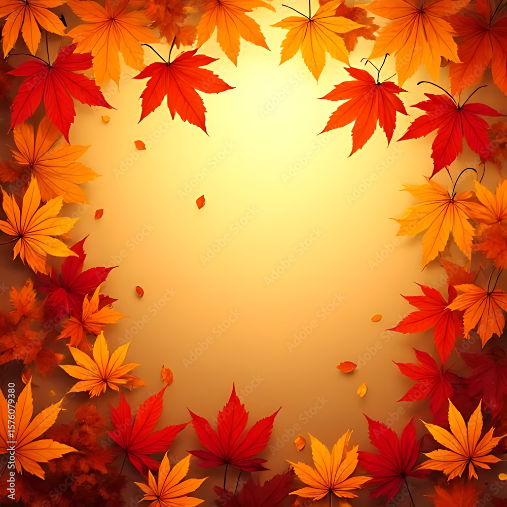Obraz premium Autumnal arrangement of vibrant red orange and yellow maple leaves forming a border with a warm golden background