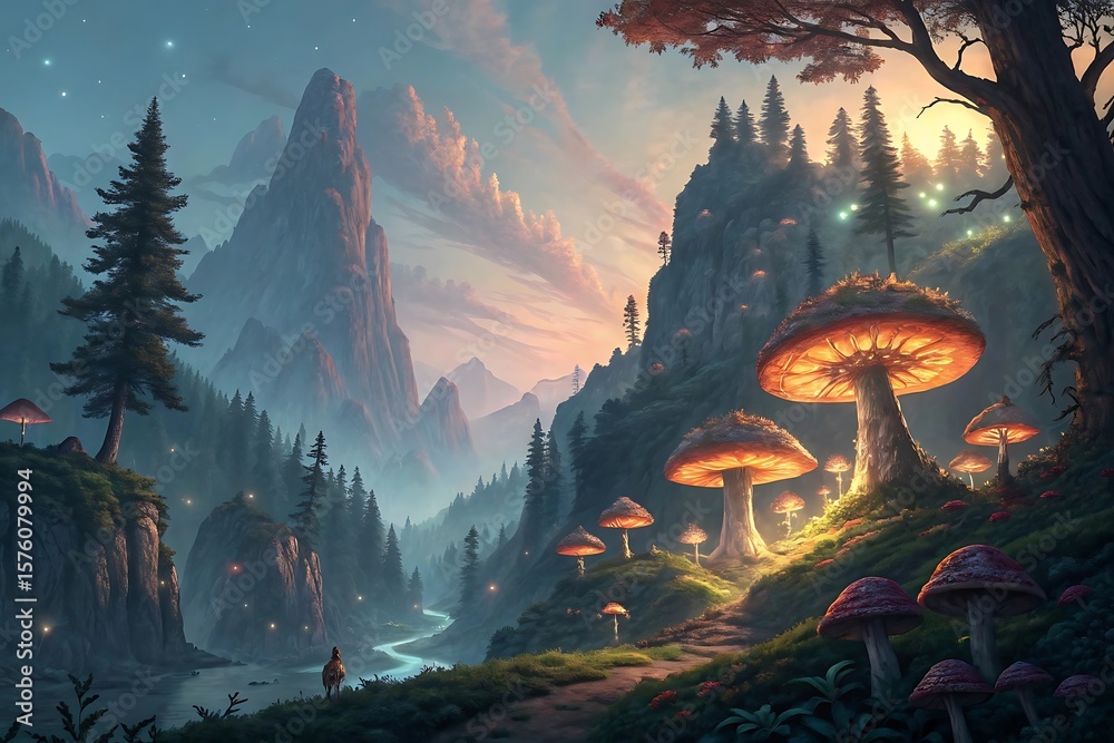 Fototapeta premium Glowing mushrooms illuminate a mystical mountain valley at dusk fantasy forest
