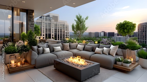 Elegant rooftop lounge with fire pit high resolution picture