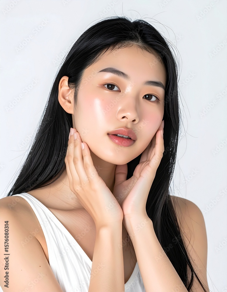 © SoftFlour - 日本人, 超リアル, 美しい若い女性, 長い黒髪, 自然なメイク, 白いキャミソール, 肌が輝く, 顔に手を添えている, クローズアップ, 柔らかなライティング, 美容広告風, スタジオ背景(白), 高解像度Japanese, ultra-realistic, beautiful young woman, long black hair, natural makeup © SoftFlour - 日本人, 超リアル, 美しい若い女性, 長い黒髪, 自然なメイク, 白いキャミソール, 肌が輝く, 顔に手を添えている, クローズアップ, 柔らかなライティング, 美容広告風, スタジオ背景(白), 高解像度Japanese, ultra-realistic, beautiful young woman, long black hair, natural makeup