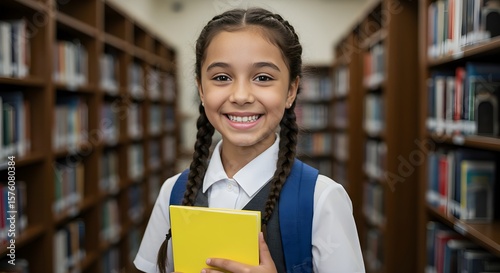 Focused Student in Library Holding Pink Folder: Education and Learning