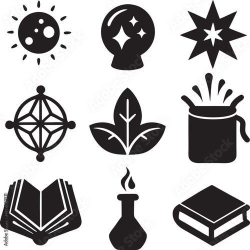 Collection of mystical and magical symbols including a sun crystal ball starburst compass leaves potion flask and books