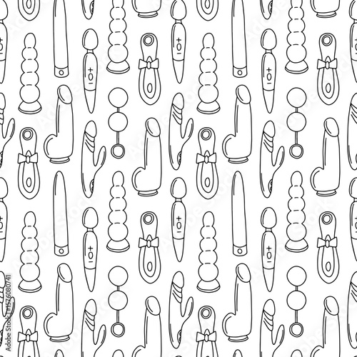 Different kinds of sex vibrator dildo vector hand drawn seamless pattern