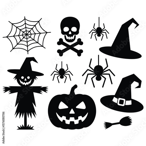 Halloween scarecrow pumpkin spiders witches hats skull