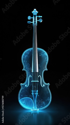 A luminous blue translucent violin with intricate internal details glowing against a dark background showcasing a modern artistic interpretation of a classic instrument