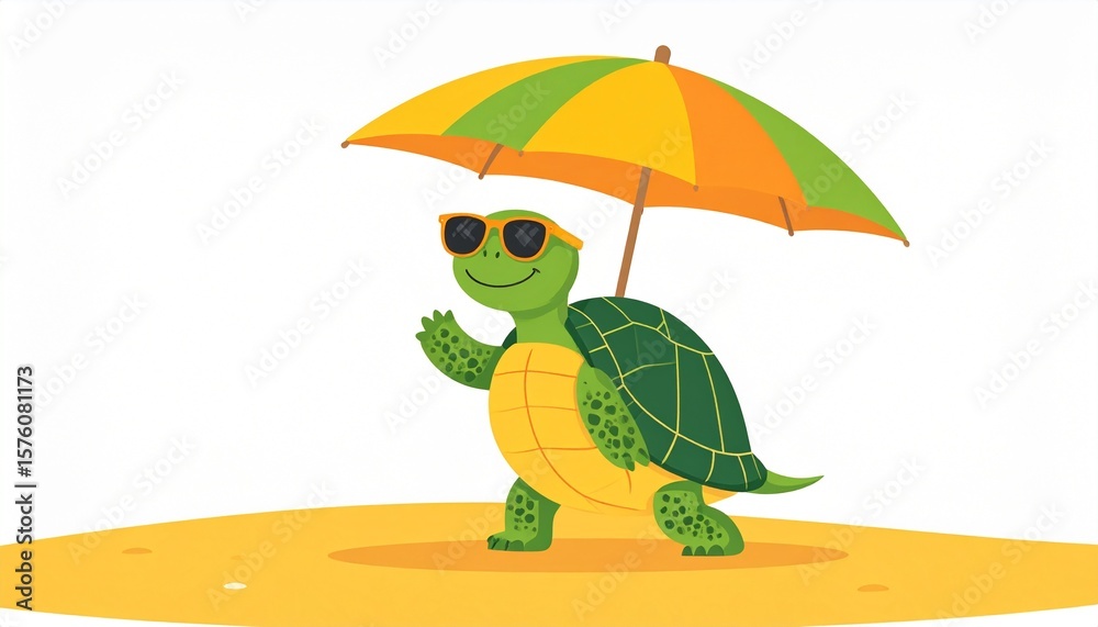 Obraz premium A fun turtle wearing orange sunglasses is balancing a beach umbrella on yellow sand to create a relaxing summer atmosphere.