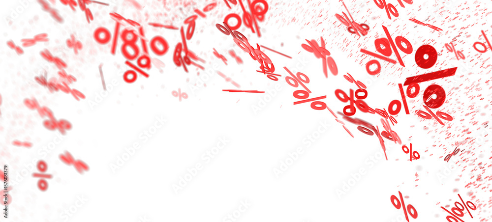 Obraz premium Abstract image of red percentage symbols falling on a white background. Perfect for sale banners, discount promotions, and financial concepts.