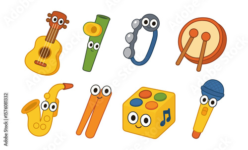 Cute musical instruments with cartoon faces for kids' entertainment and learning