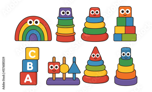 Colorful cartoon stacking toys and shapes with smiling faces on white background
