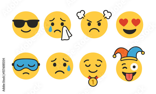 Diverse emoji expressions: joy, sadness, anger, love, humor, and creativity in fun icons