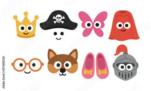 Cute cartoon costume elements with pirate, crown, animal, and superhero designs