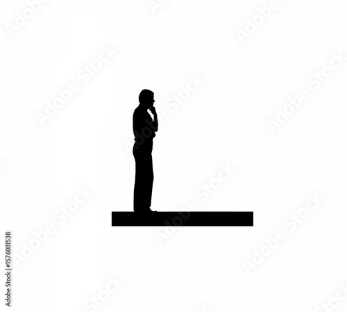 Silhouette of person standing with hand on chin thinking on white background