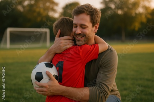 Father embraces his son on a soccer field  celebrating a successful game. The boy holds a soccer ball  and goalposts are visible in the background