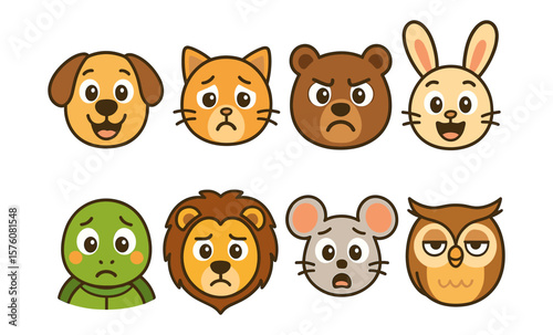 Set of cute animal faces with various expressions including dog, cat, bear, rabbit, turtle, lion, mouse, and owl