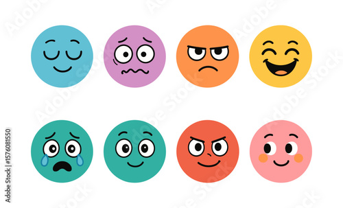Colorful emotion faces collection featuring calm, nervous, grumpy, and more expressions