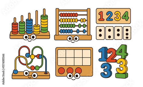 Educational toys with smiley faces: abacus, numbers, and bead maze for kids' learning