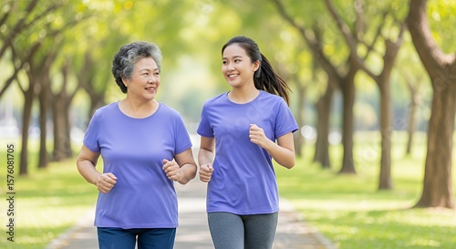 Smiling Woman and Senior Woman Running in Sunny Green Park