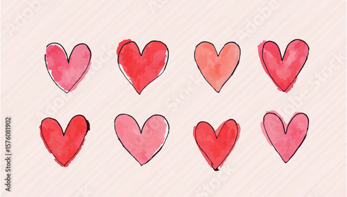 Watercolor Heart Shapes Set on Striped Background

