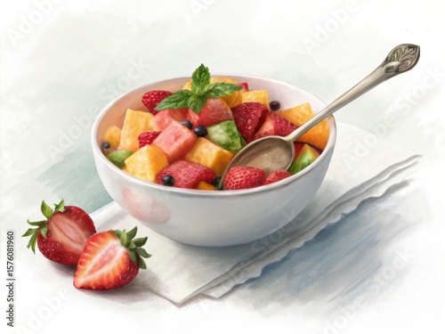 A refreshing bowl of mixed fruit salad with strawberries blueberries raspberries melon and pineapple garnished with mint leaves and a spoon