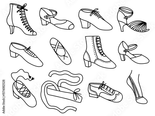 Set of dance shoes in sketch style. Hand drawn kinds of shoes for dancing. Tango, salsa, ballet shoe, step, dancing shoe