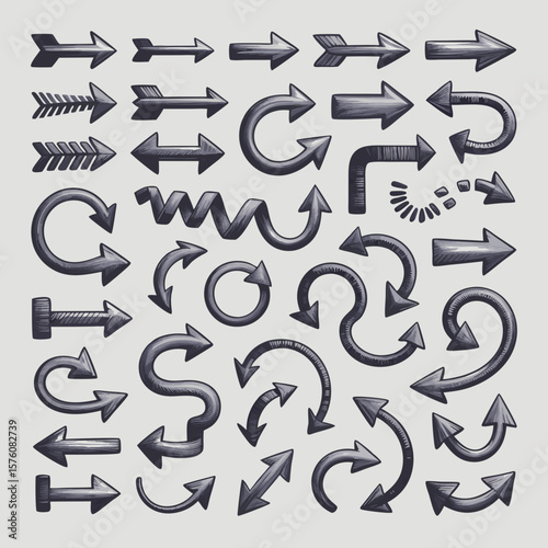 A variety of dark gray arrow designs displayed, suitable for presentations, infographics, and web design projects requiring directional elements.