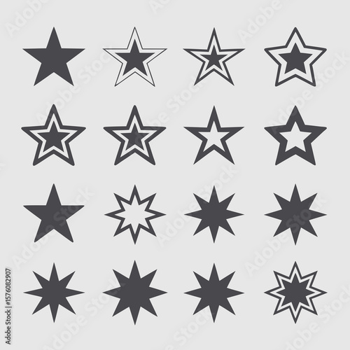 Grid of sixteen star icons suitable for ratings, reviews, celestial themes. Perfect for websites, apps, design projects needing star visual.