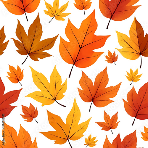 Watercolor style autumn leaves pattern in shades of orange yellow and brown on a white background seamless design