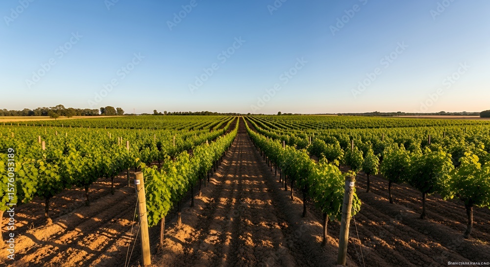 Fototapeta premium Green Grape Vines Growing in Vineyard Under Clear Blue Sky