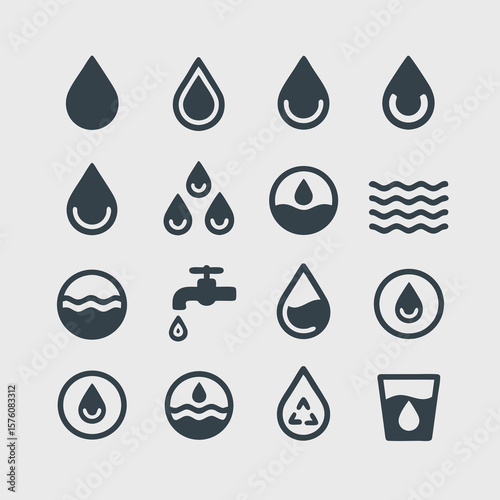 Sixteen simple water drop and wave icons, perfect for graphic design projects, environmental campaigns, or water conservation materials. Great for web icons.