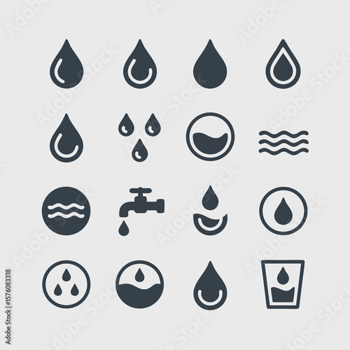 Sixteen simple water drop and wave icons, perfect for graphic design projects, environmental campaigns, or water conservation materials. Great for web icons.