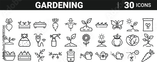 Set of 30 outline icons related to gardening, line icon bundle, editable stroke icon collection