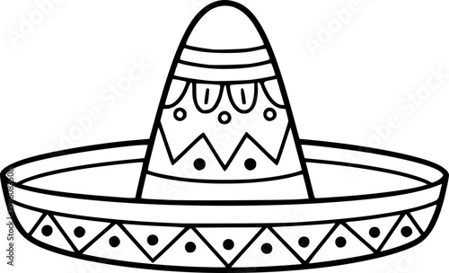 Sombrero Hat Outline Icon, Black and white outline icon of a traditional sombrero hat with decorative patterns, symbolizing Mexican culture and festive celebrations.