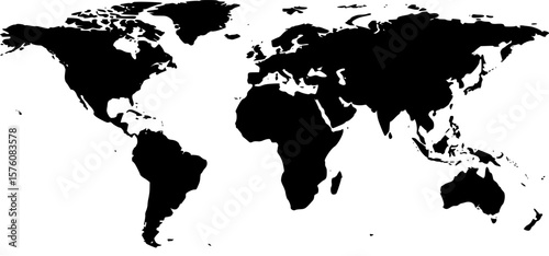 Global Overview Black and White World Map Silhouette with Continent Representation
