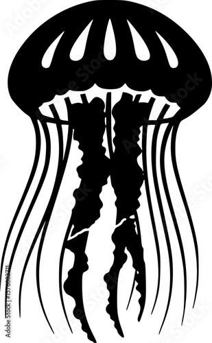 Black jellyfish silhouette on white background, an ocean creature design
